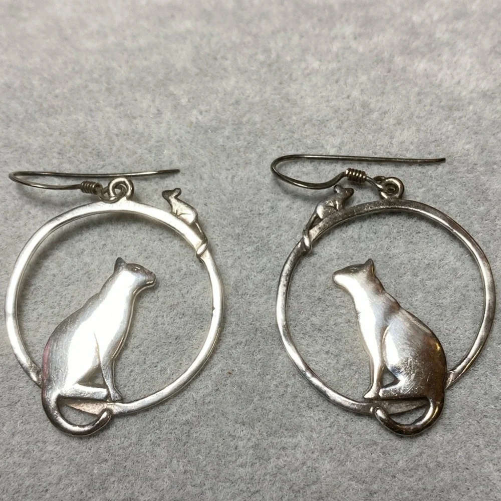 Solid Sterling Silver Full Moon Cat Earrings Vintage Goth Witch